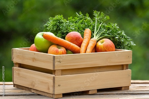 A wooden crate filled with fresh produce like apples and carrots, resting on a rustic outdoor table photo