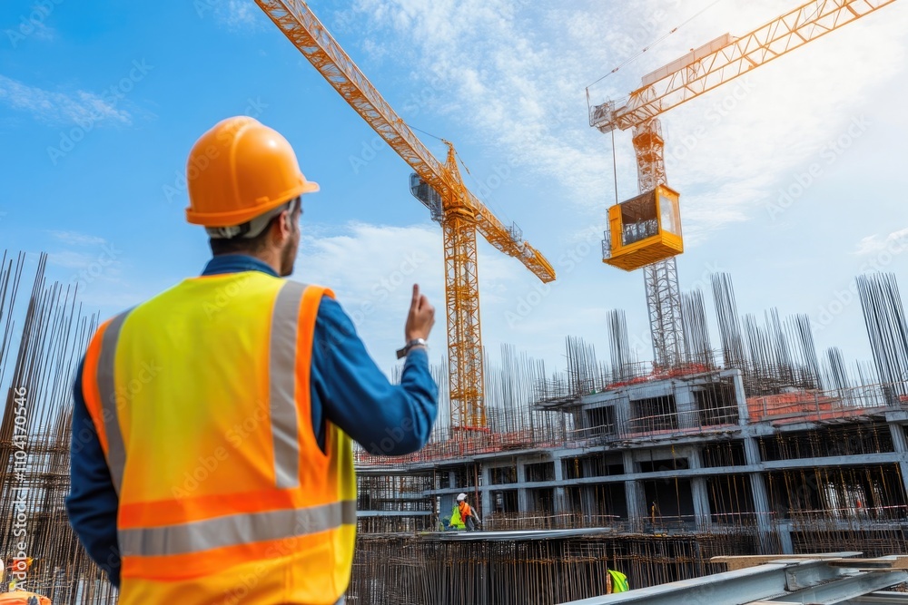 Worker on steel beam, controlling crane in busy construction zone Worker on steel beam, controlling crane in busy construction zone