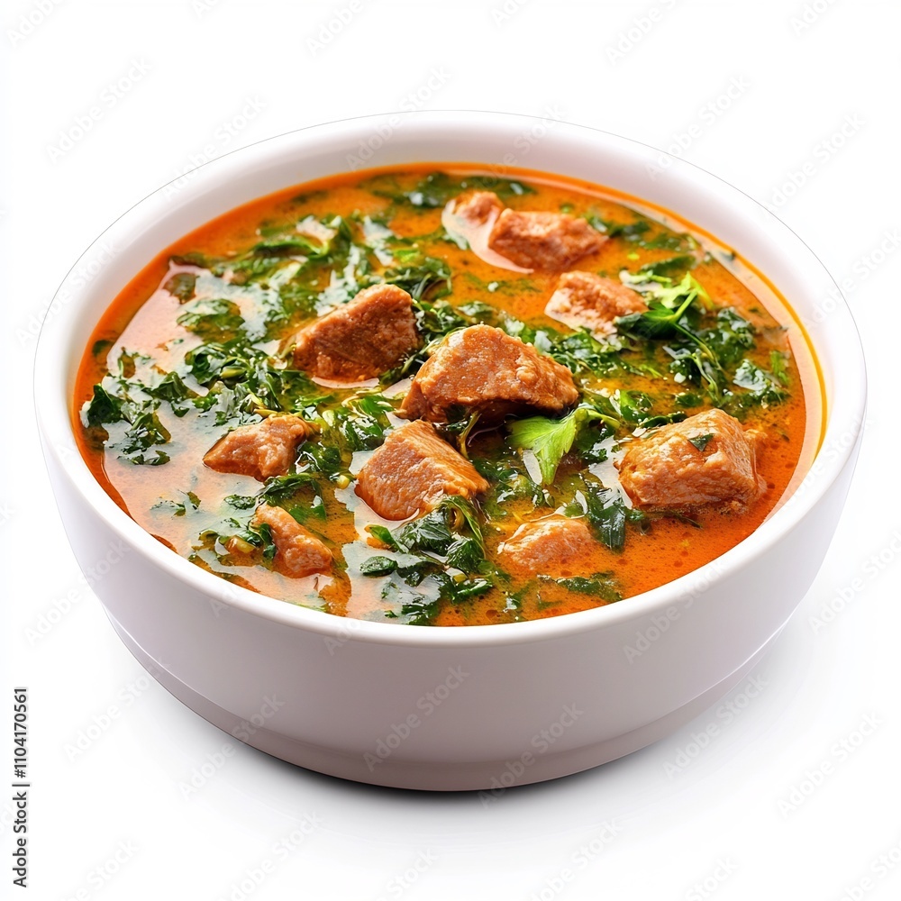 Macro Shot of a Savory Banga Nigerian Soup Dish Isolated on White Background Macro Shot of a Savory Banga Nigerian Soup Dish Isolated on White Background
