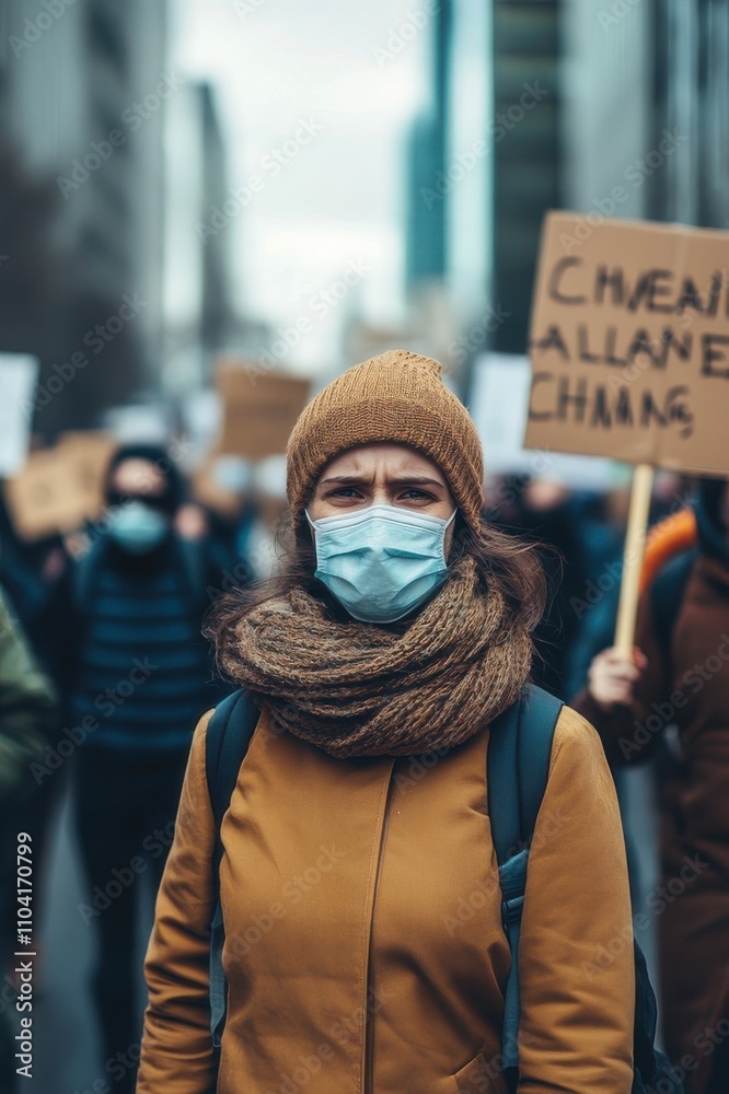 Portrait of an activist woman participating in a protest rally on a winter day. Portrait of an activist woman participating in a protest rally on a winter day.