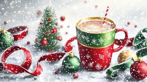 A festive holiday scene featuring a decorated mug, Christmas tree, and ornaments amidst snow.