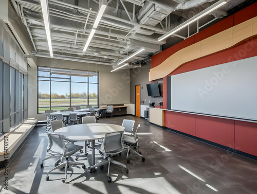 Modern classroom with flexible seating and technology for collaborative learning.