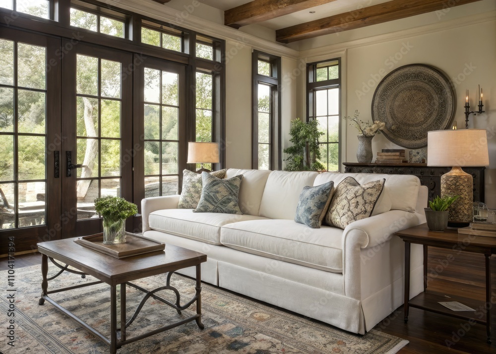 Fototapeta premium Vintage Style Photography of a Modern Living Room with White Linen Sofa, Elegant Interior Design, Cozy Atmosphere, Contemporary Decor, Natural Light, Stylish Accents, Timeless Aesthetic