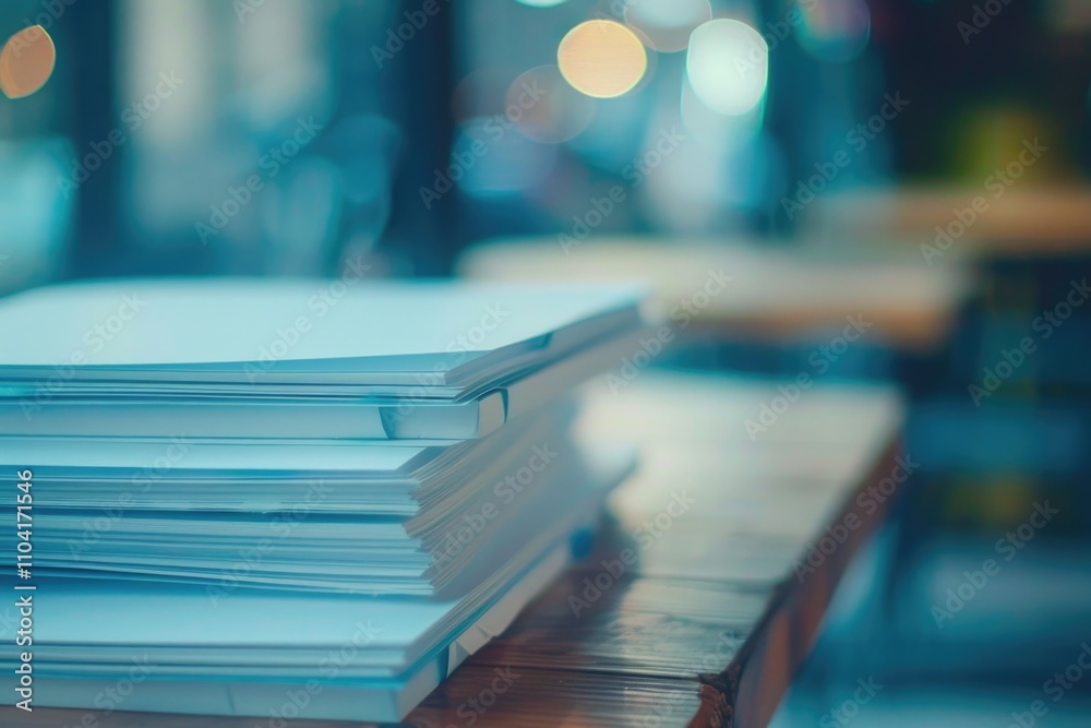 A stack of papers sits on a wooden table A stack of papers sits on a wooden table