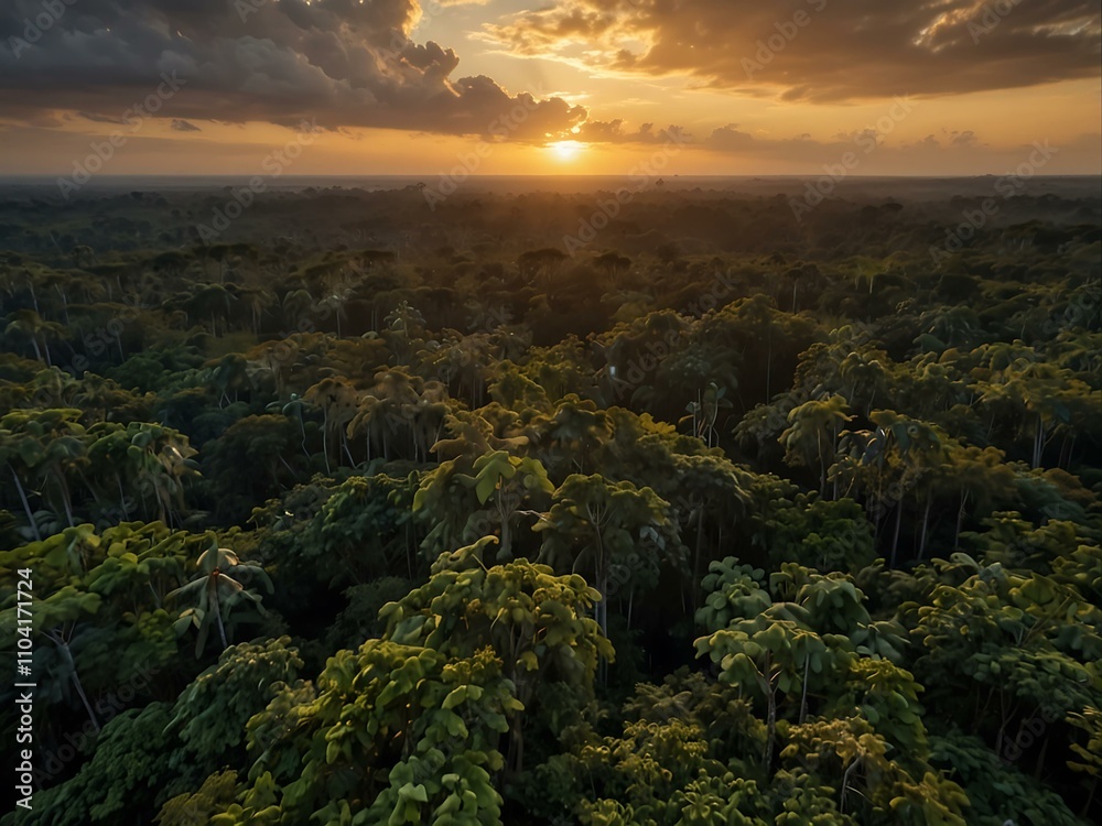 Fototapeta premium Aerial view of the beautiful Amazon rainforest at sunset.