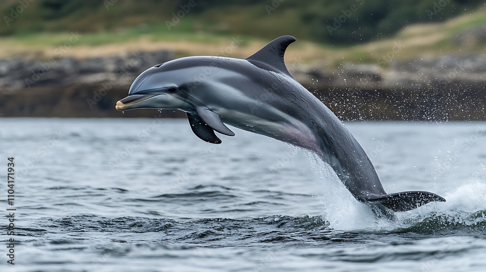 Fototapeta premium A dolphin leaps out of the water, showcasing its agility and grace in a natural setting.