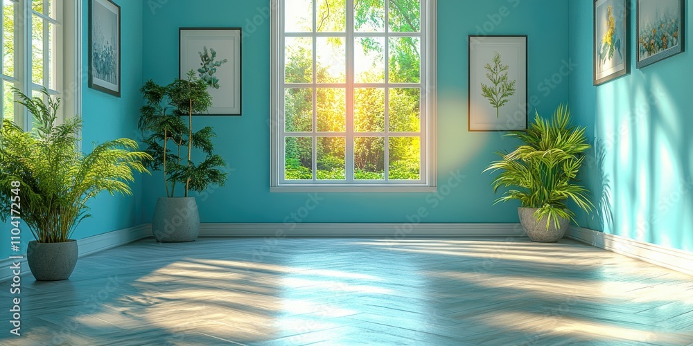 A serene and sunlit room with turquoise walls, adorned with various potted plants and framed art, offering a perfect blend of nature and modern interior design. A serene and sunlit room with turquoise walls, adorned with various potted plants and framed art, offering a perfect blend of nature and modern interior design.