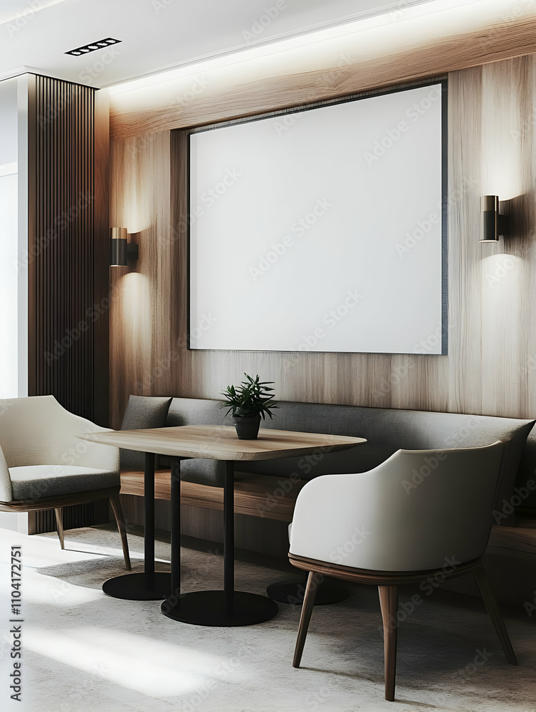 Modern seating area with a table and minimalist decor, ideal for meetings or relaxation. Modern seating area with a table and minimalist decor, ideal for meetings or relaxation.