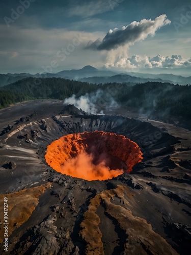 Aerial view of the Sikidang Crater, an active volcano in Dieng Plateau. photo