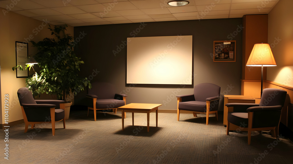 Fototapeta premium A cozy waiting area with chairs, a table, and a plant, ideal for relaxation or meetings.