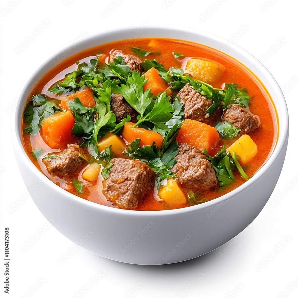 Macro Shot of Traditional Moroccan Harira Soup in Bowl on White Background Macro Shot of Traditional Moroccan Harira Soup in Bowl on White Background