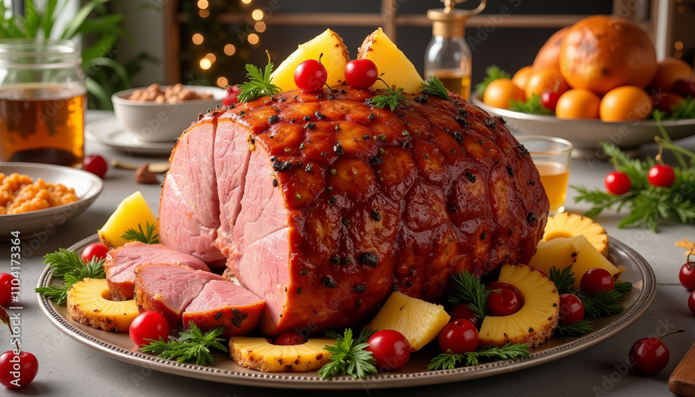Glazed Christmas ham garnished with pineapple and cherries on a festive holiday table Glazed Christmas ham garnished with pineapple and cherries on a festive holiday table