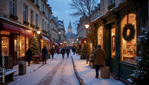 Cozy winter street in Paris adorned with holiday decorations and a festive atmosphere photo