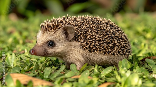 Close-up of a hedgehog walking through grass. photo