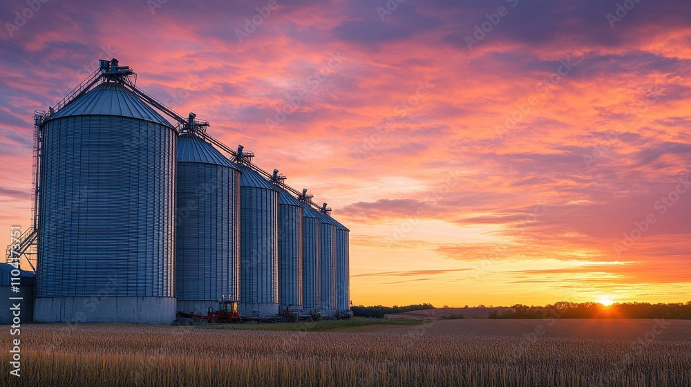 Beautiful sunset over grain silos in a rural landscape with vibrant skies Beautiful sunset over grain silos in a rural landscape with vibrant skies
