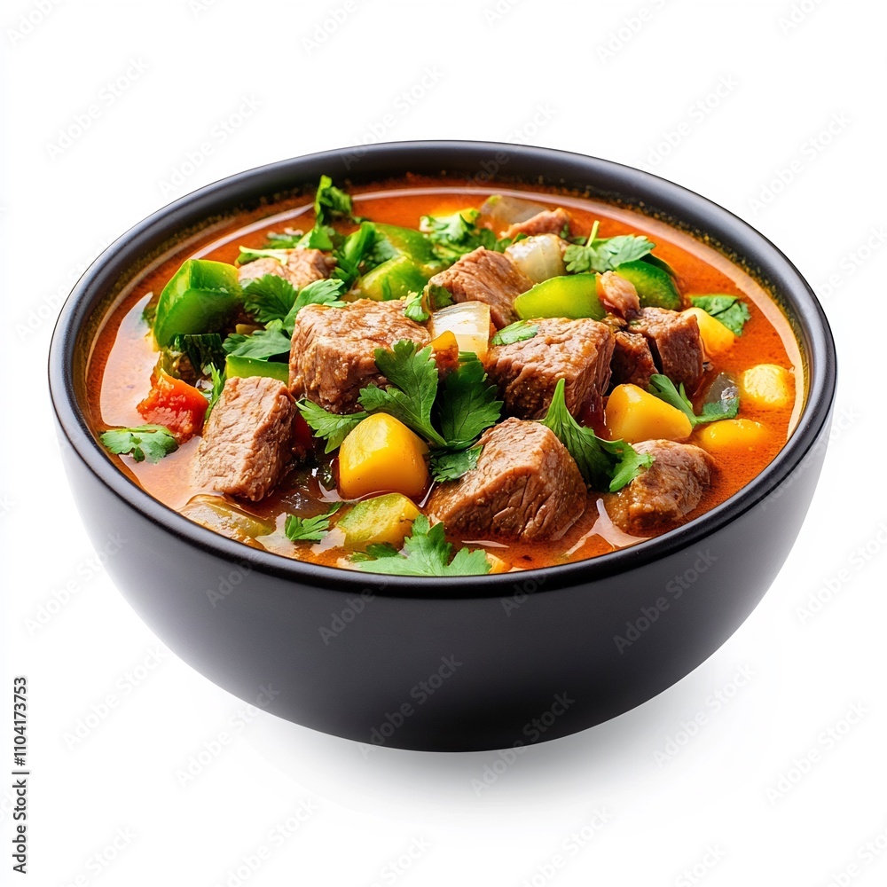 Macro Shot of Authentic Mexican Menudo Soup with Vegetables and Beef in a Bowl Macro Shot of Authentic Mexican Menudo Soup with Vegetables and Beef in a Bowl