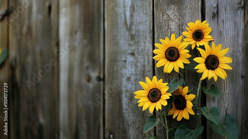 A minimalist composition of yellow sunflowers against a rustic wooden fence, angled shot, Minimalist style