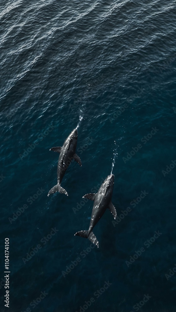 Fototapeta premium Aerial view of two whales swimming in the ocean.