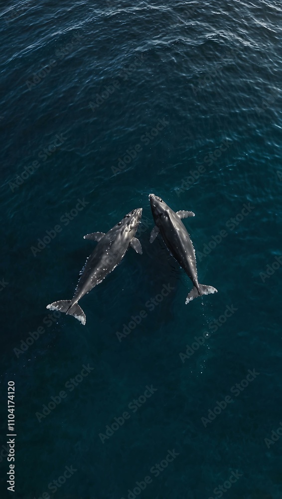 Fototapeta premium Aerial view of two whales swimming in the ocean.