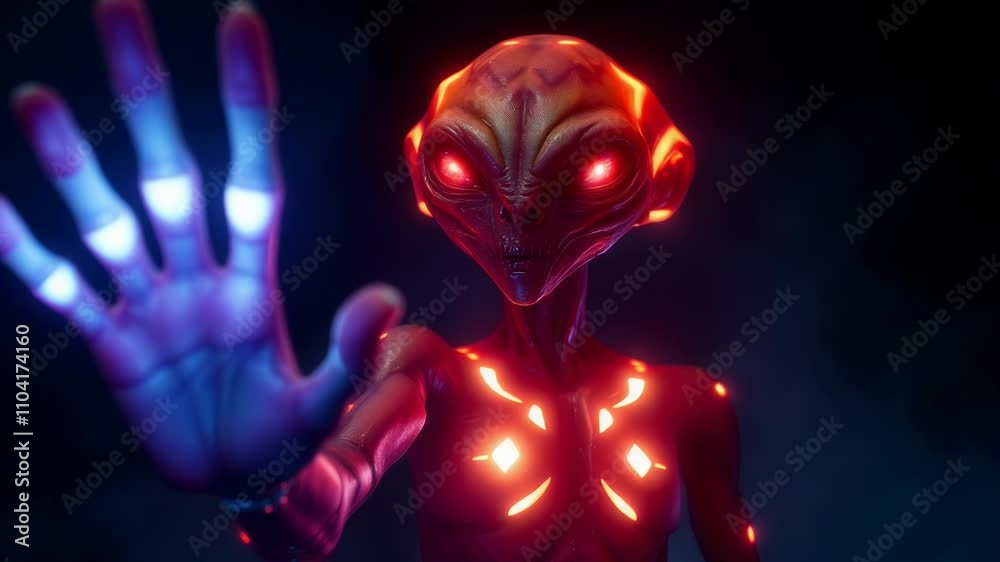 A futuristic alien with glowing red eyes, illuminated neon patterns on ...
