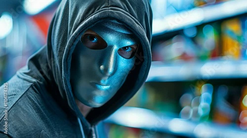 A mysterious person in a metallic mask and hoodie, symbolizing anonymity and intrigue