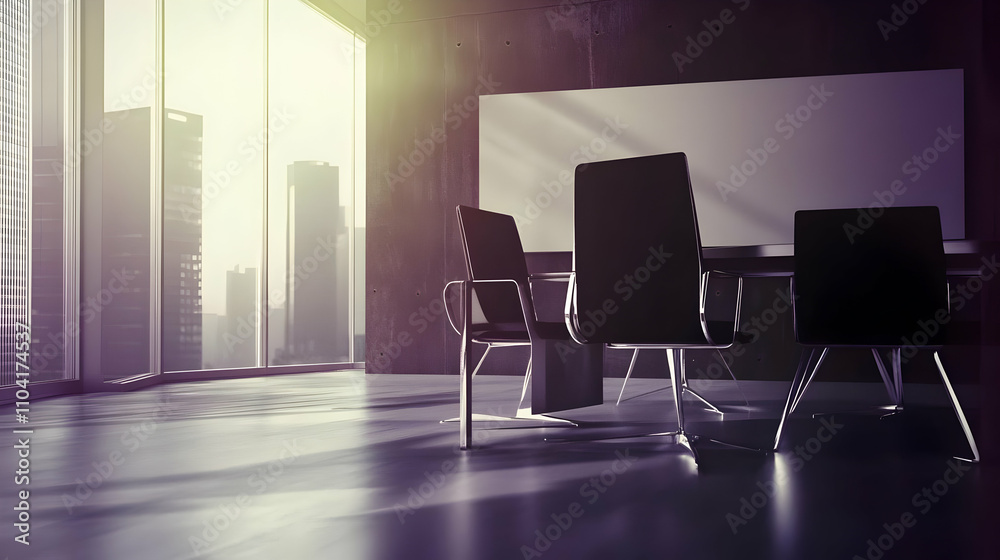 Modern office space with a conference table and chairs, illuminated by natural light. Modern office space with a conference table and chairs, illuminated by natural light.