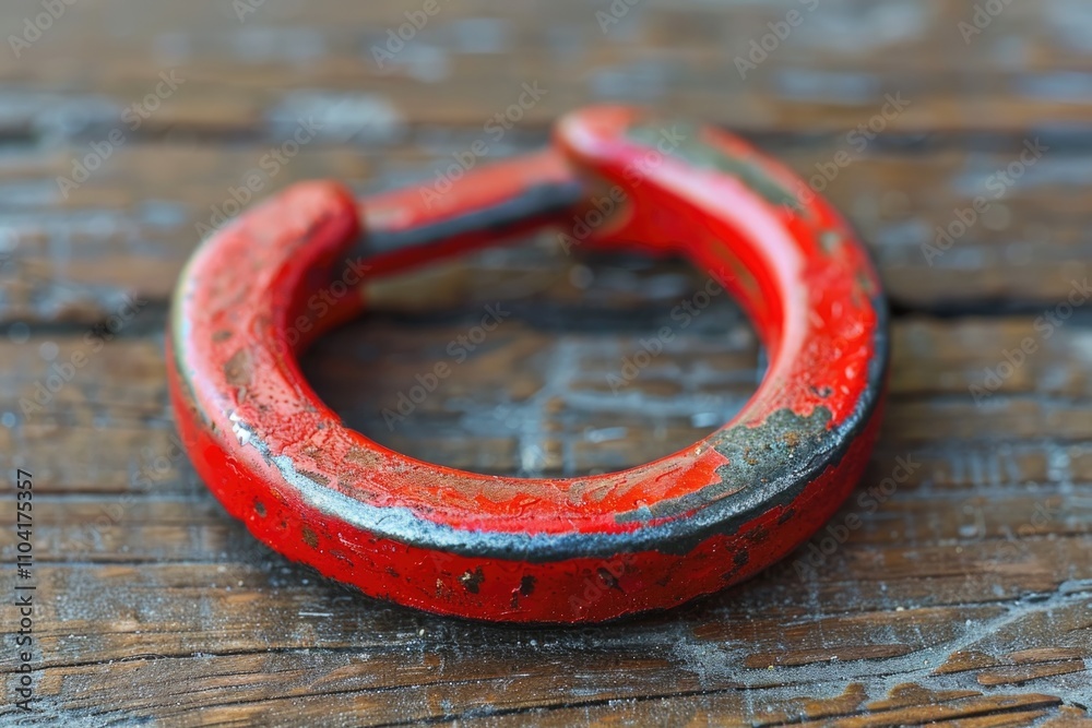 A close-up shot of a bright red ring resting on a wooden surface A close-up shot of a bright red ring resting on a wooden surface