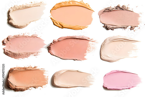 Set of liquid, ceamy and powder makeup samples islated on white background. Decorative cosmetic smears. Concealers, correctors and foundation swatches.
