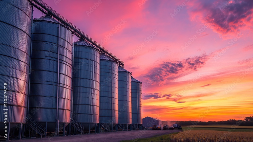 Colorful sunset over grain silos in a rural landscape