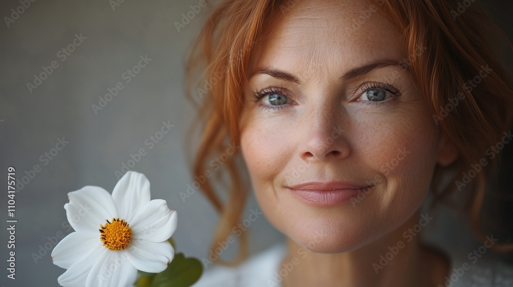 Cropped image of beautiful mid aged woman posing with flower. Cropped image of beautiful mid aged woman posing with flower.