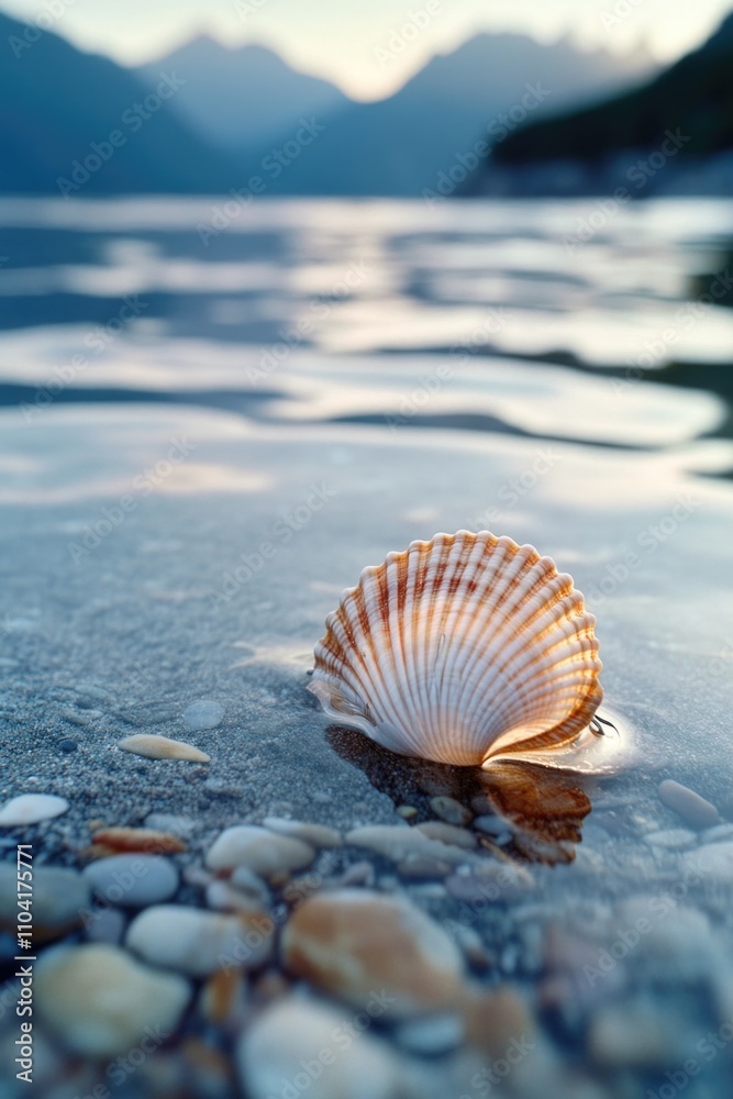 A single shell found on the sandy beach near a body of water A single shell found on the sandy beach near a body of water