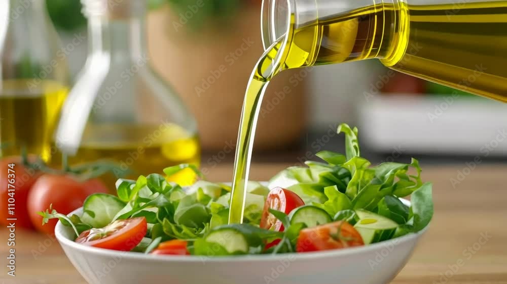 Fresh olive oil drizzling over a vibrant salad of greens and tomatoes, signifying healthy eating and Mediterranean cuisine