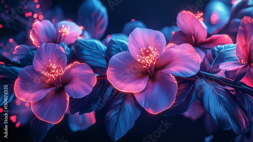 illustration, floral fantasy with neon lights, ai generative