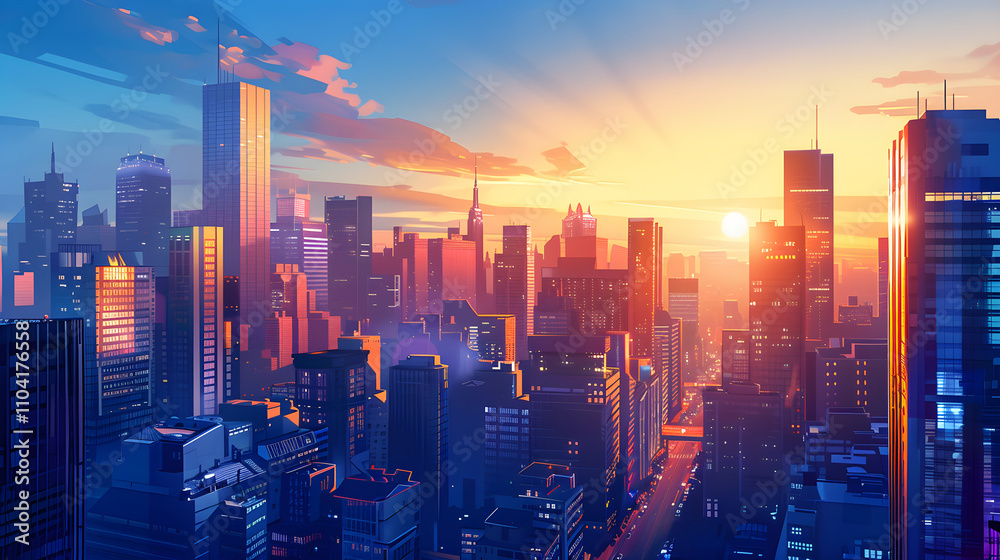 Fototapeta premium Dynamic Early Morning Cityscape with Sunlit Skyscrapers and Bustling Streets