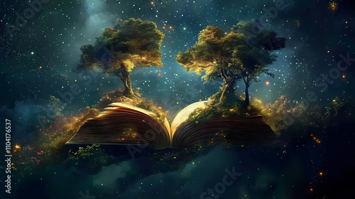 A symbolic book unfolds into a surreal landscape. its pages transform into trees paths and stars symbolizing the journey of life and self-creation. Symbolic. Illustration photo