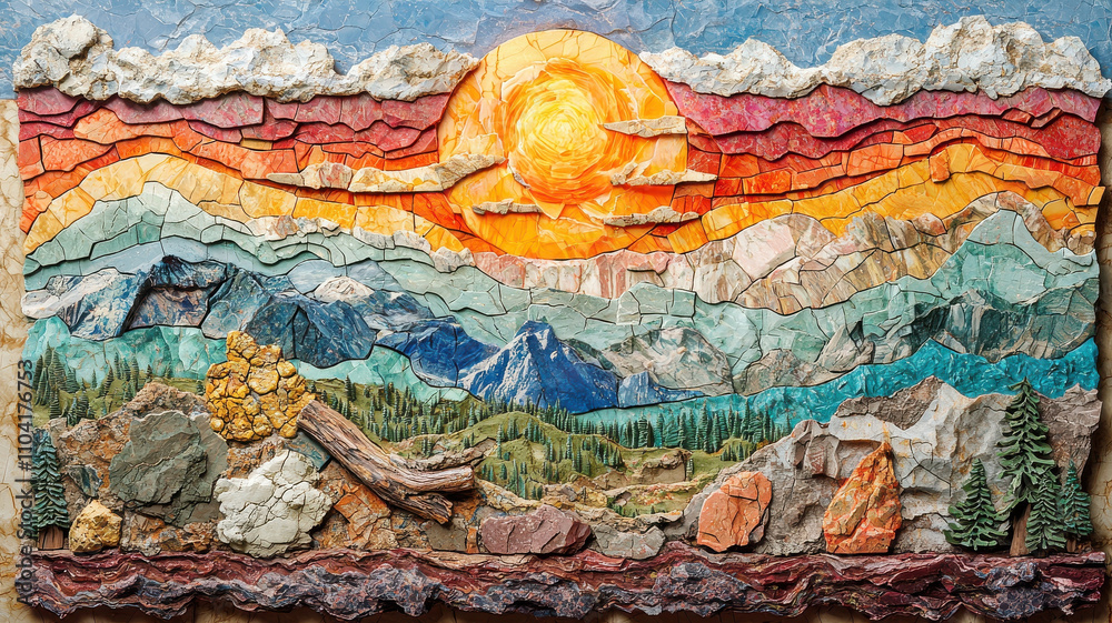 vibrant mosaic landscape depicts colorful sunset over mountains, with layers of stone and tile creating textured scene. sun glows warmly, casting light over rugged terrain and forested hills