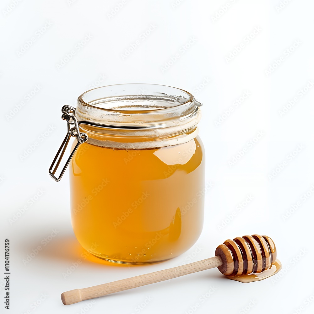 A jar of honey with a wooden dipper, showcasing its golden color and texture. A jar of honey with a wooden dipper, showcasing its golden color and texture.