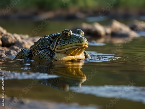 African bullfrogs mating in a shallow river. photo