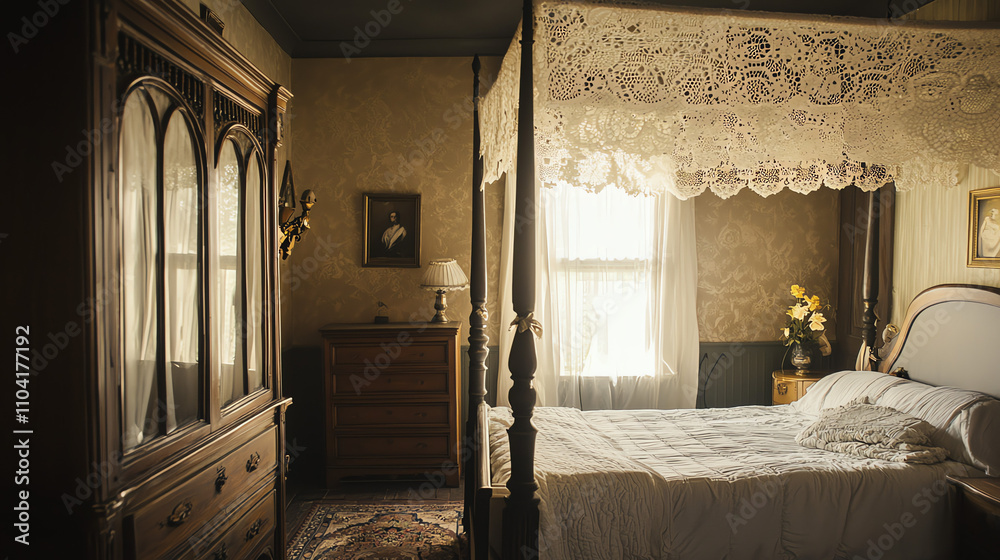 Fototapeta premium Elegant bedroom featuring a four-poster bed with a lace canopy and vintage furniture in a serene setting