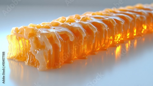 Close-up of a honeycomb slab, dripping with honey, illuminated by glowing light. photo