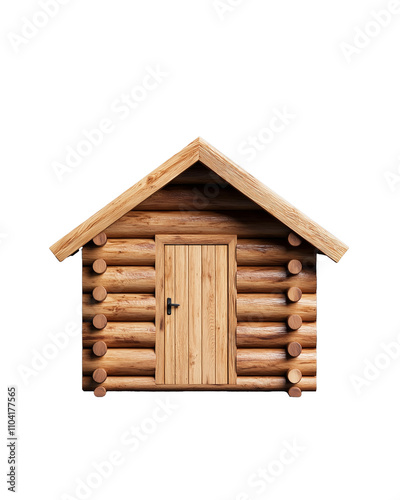 Wooden log cabin with a door and sloped roof on transparent background