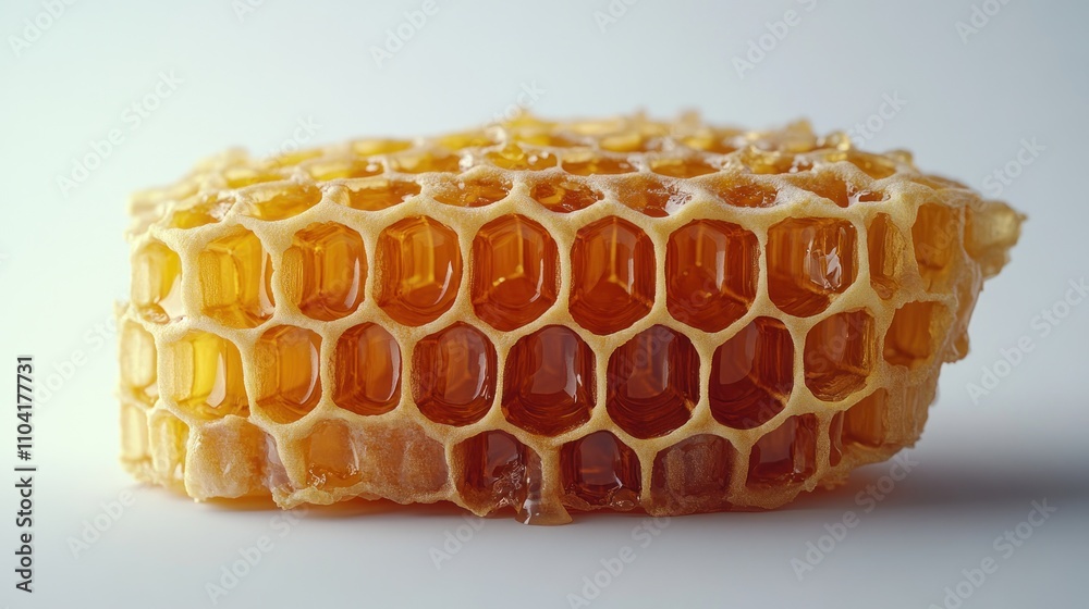 Close-up of a piece of honeycomb, showing the hexagonal cells filled with golden honey. Close-up of a piece of honeycomb, showing the hexagonal cells filled with golden honey.
