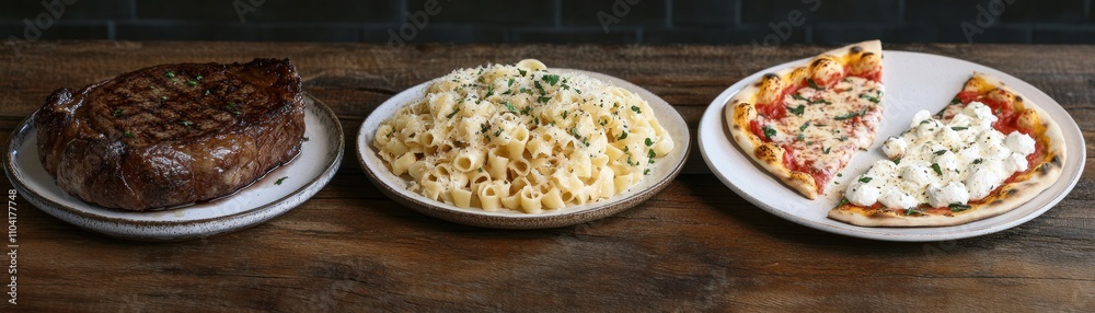 A delicious meal featuring steak, macaroni, and pizza on wooden table. A delicious meal featuring steak, macaroni, and pizza on wooden table.