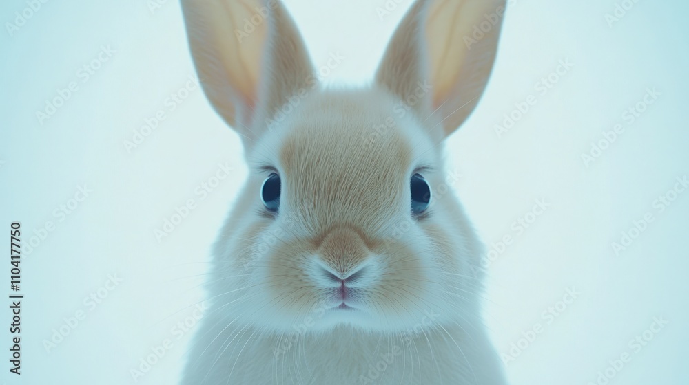 Obraz premium Close-up of a pastel cream colored baby rabbit, facing forward with large, expressive eyes and soft ears..