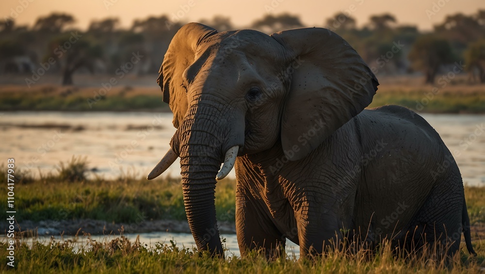 Fototapeta premium African Elephants playing by the Chobe River in Botswana.