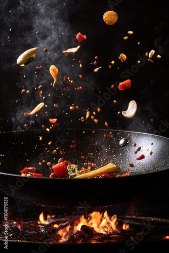 A frying pan overflowing with various dishes