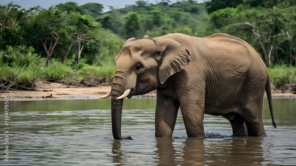 Fototapeta premium a majestic Indian elephant in a lush forest near a watering hole in the heart of India. aI