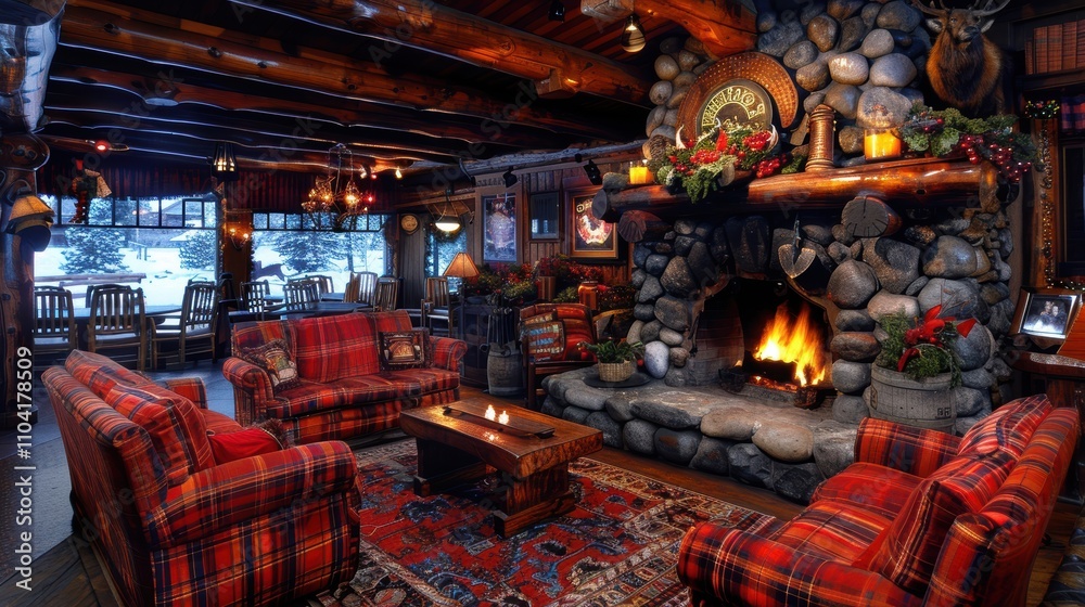 A cozy mountain lodge interior with rustic wooden beams, stone fireplace, and plaid furniture, overlooking a snowy winter landscape through large windows, exudes warmth and comfort