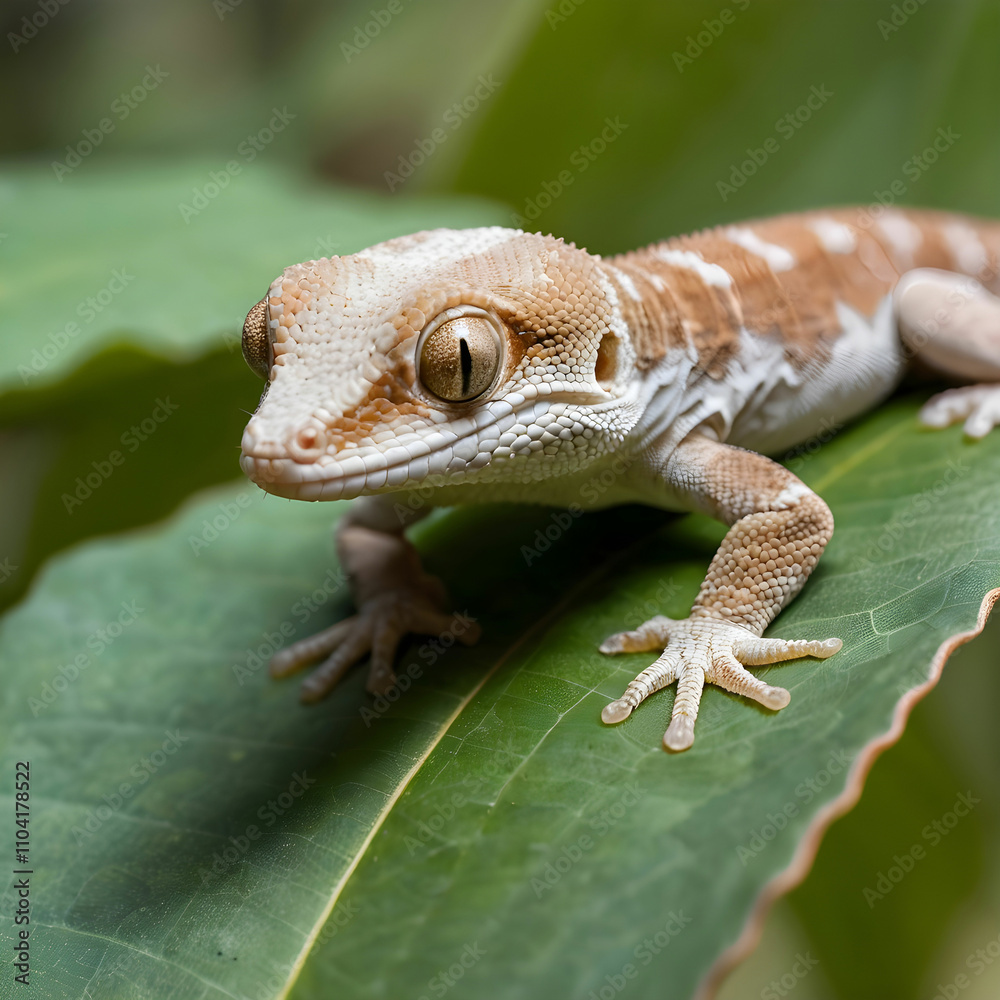 Selective focus of a common house gecko on a leaf against a blurred a background Selective focus of a common house gecko on a leaf against a blurred a background