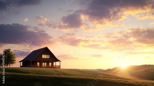 Captivating Sunset Scene of Charming Barn with Porch in Picturesque Countryside Setting | Ultra-Detailed Rural Landscape Photography